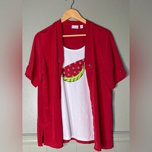 Kim Rogers Matchback 2Fer Top Womens Size Large Short Sleeve Red Watermelon